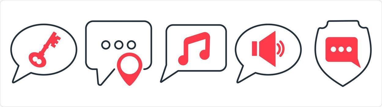 A set of 5 contact icons as message security, message location, music message in red line color vector