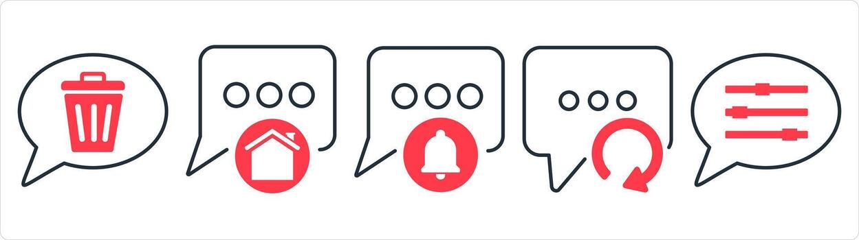 A set of 5 contact icons as remove message, home message, message notification in red line color vector