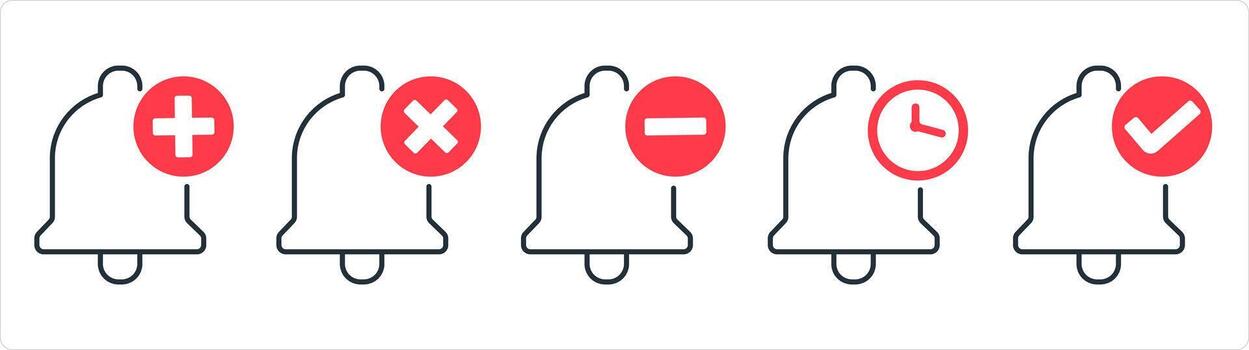 A set of 5 contact icons as add notification, wrong notification, time notification in red line color vector