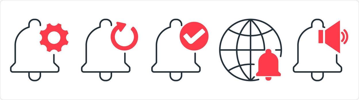 A set of 5 contact icons as notification setting, refresh notification, right notification in red line color vector