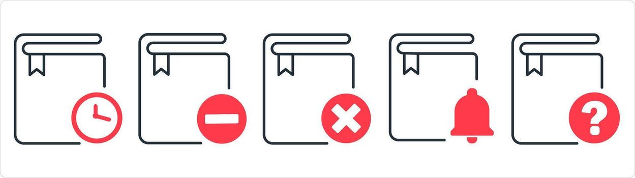 A set of 5 document icons as study on time, remove book, wrong book in red line color vector
