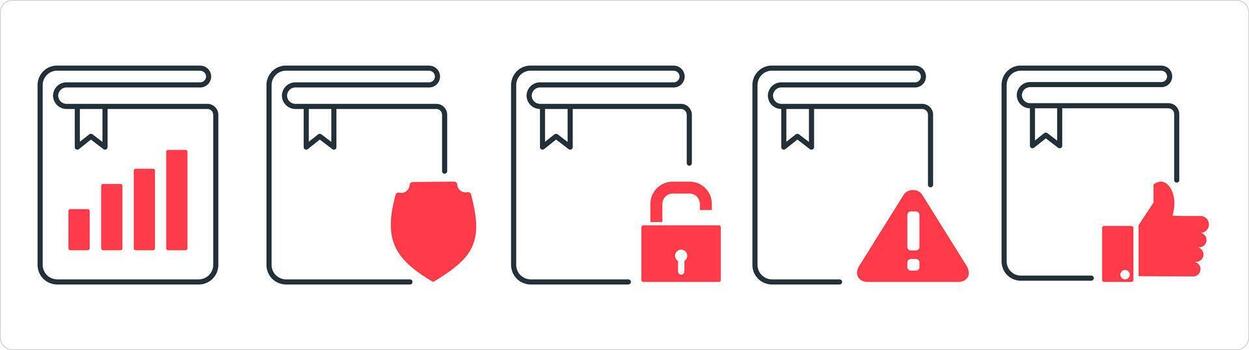 A set of 5 document icons as graph book, book protection, book security in red line color vector