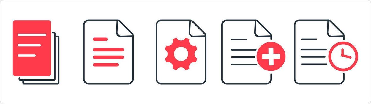 A set of 5 document icons as duplicate copy, document, page setting in red line color vector