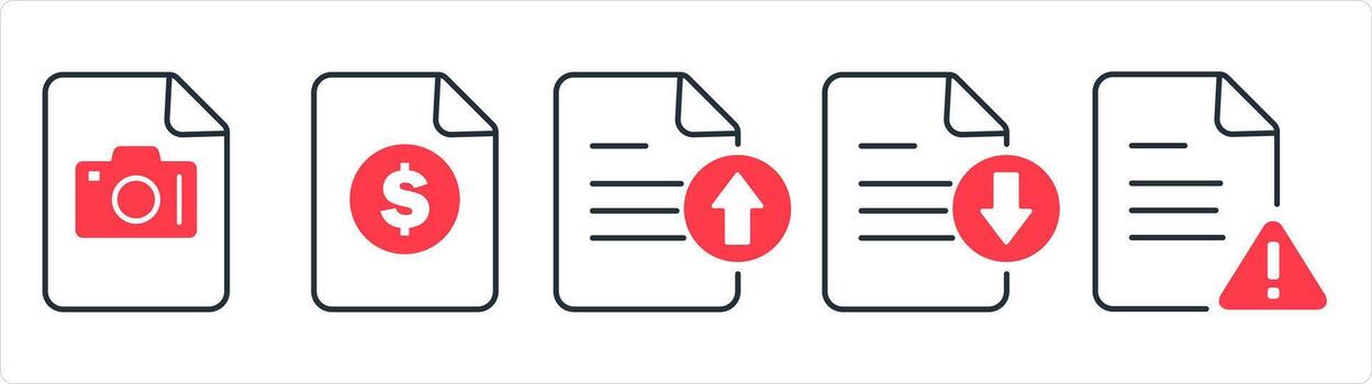 un conjunto de 5 5 documento íconos como imagen documento, factura, subir archivo en rojo línea color vector
