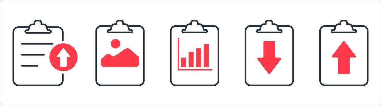A set of 5 document icons as upload file, image document, graph document in red line color vector