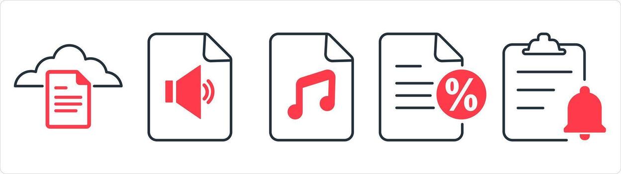 A set of 5 document icons as cloud document, audio file, music file in red line color vector