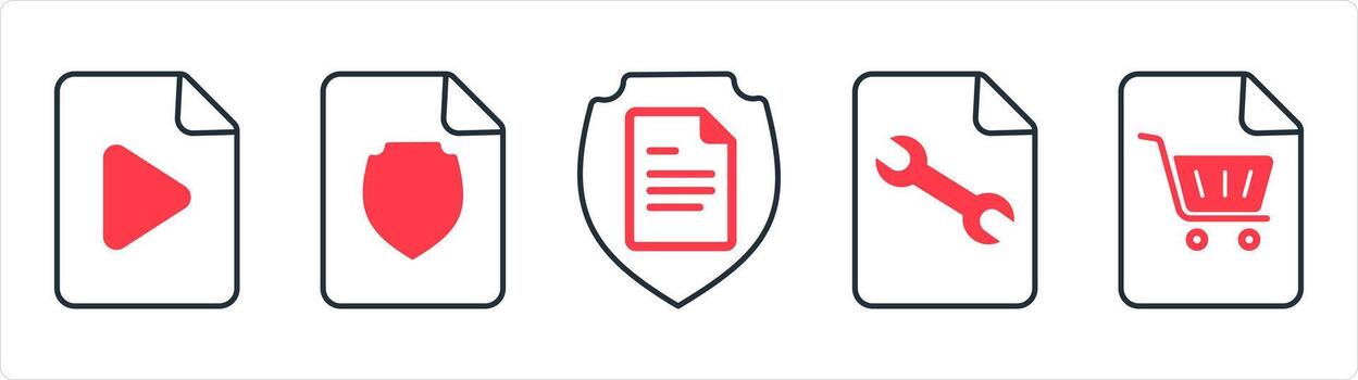 un conjunto de 5 5 documento íconos como archivo, documento seguridad, página ajuste en rojo línea color vector