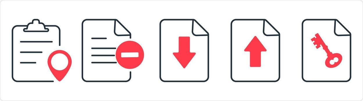 A set of 5 document icons as location page, right document, download page in red line color vector