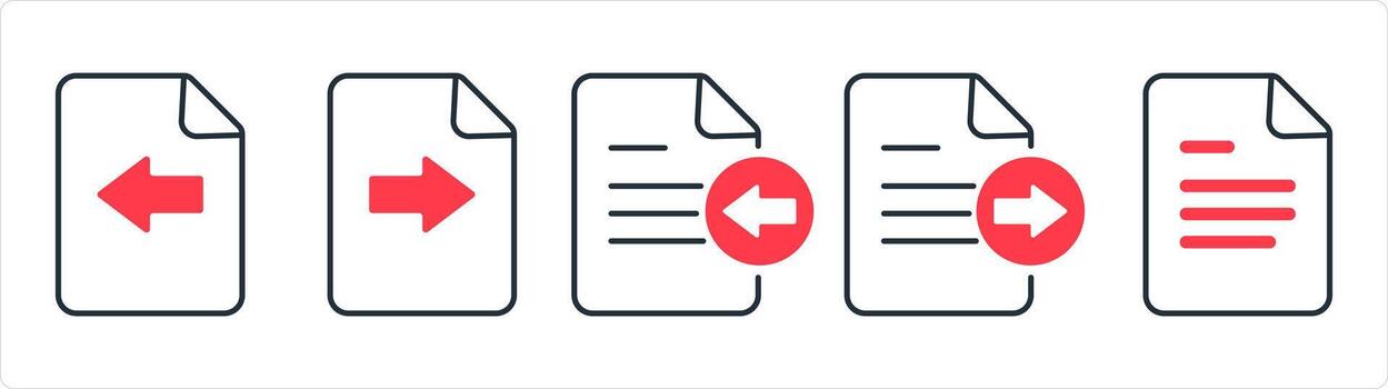 A set of 5 document icons as receive file, send file, document in red line color vector