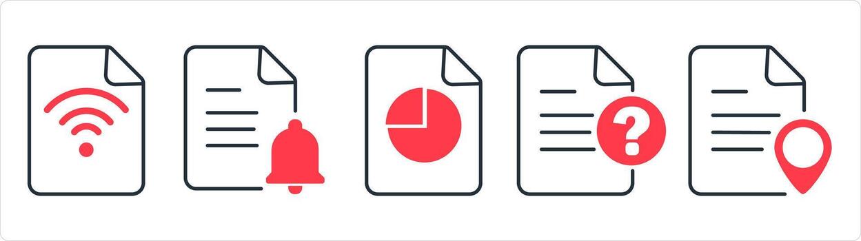 A set of 5 document icons as wifi document, page notification, pie chart in red line color vector