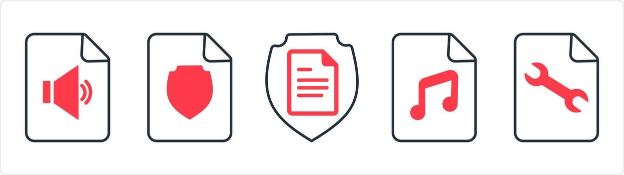 un conjunto de 5 5 documento íconos como audio archivo, documento seguridad, música archivo en rojo línea color vector