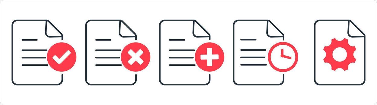 A set of 5 document icons as approved document, wrong page, create page in red line color vector