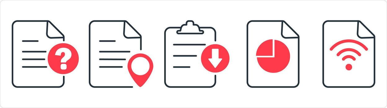 un conjunto de 5 5 documento íconos como pregunta, página ubicación, descargar archivo en rojo línea color vector