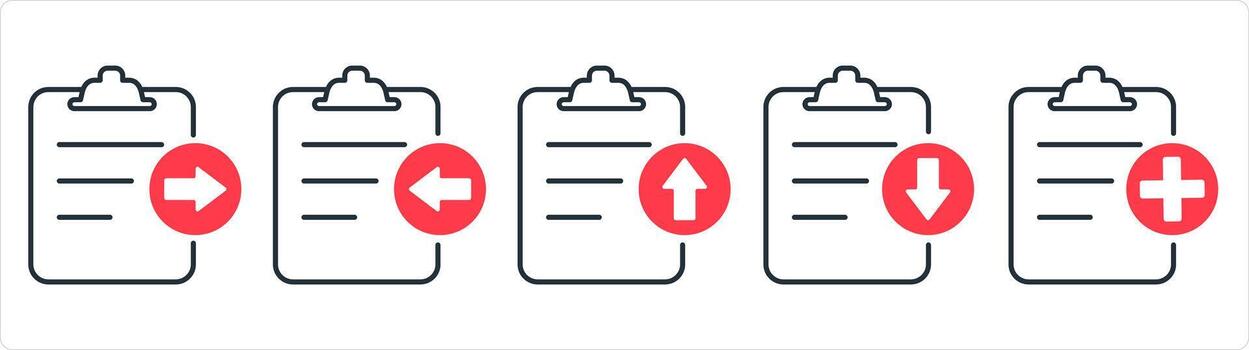 A set of 5 document icons as receive file, download file, upload file in red line color vector