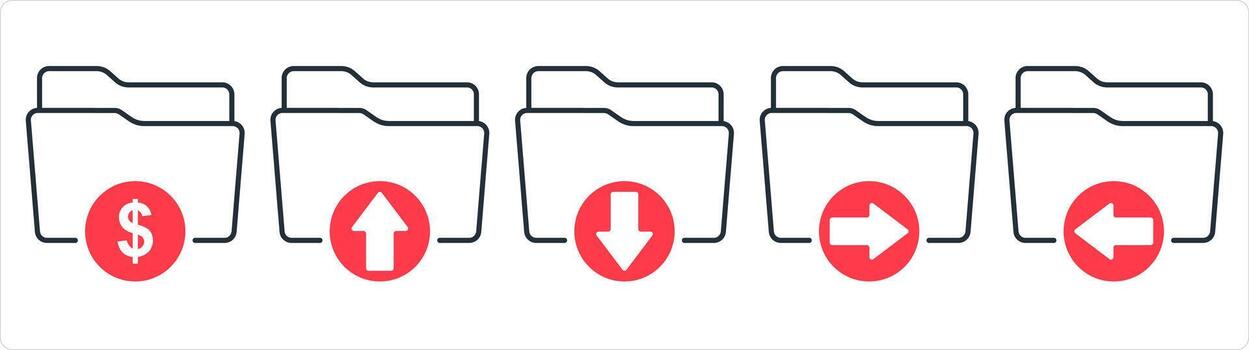 A set of 5 document icons as finance folder, upload folder, download folder in red line color vector