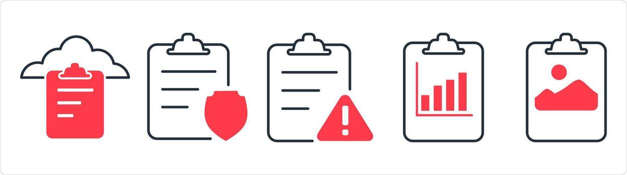 A set of 5 document icons as cloud document, page protection, page maintenance in red line color vector