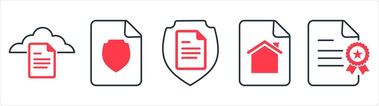 un conjunto de 5 5 documento íconos como nube documento, documento seguridad, hogar página en rojo línea color vector