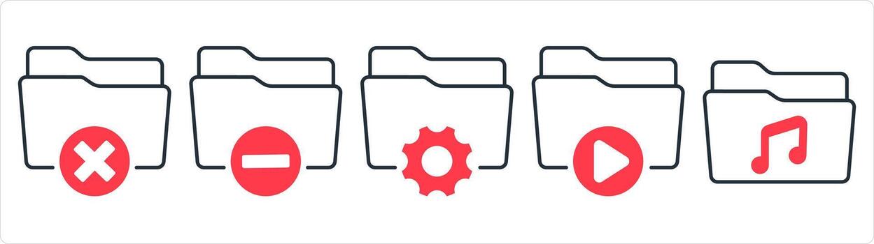 un conjunto de 5 5 documento íconos como incorrecto carpeta, eliminar carpeta, carpeta ajuste en rojo línea color vector