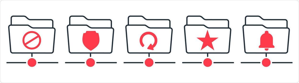 A set of 5 document icons as folder prohibited, folder protection, update folder in red line color vector