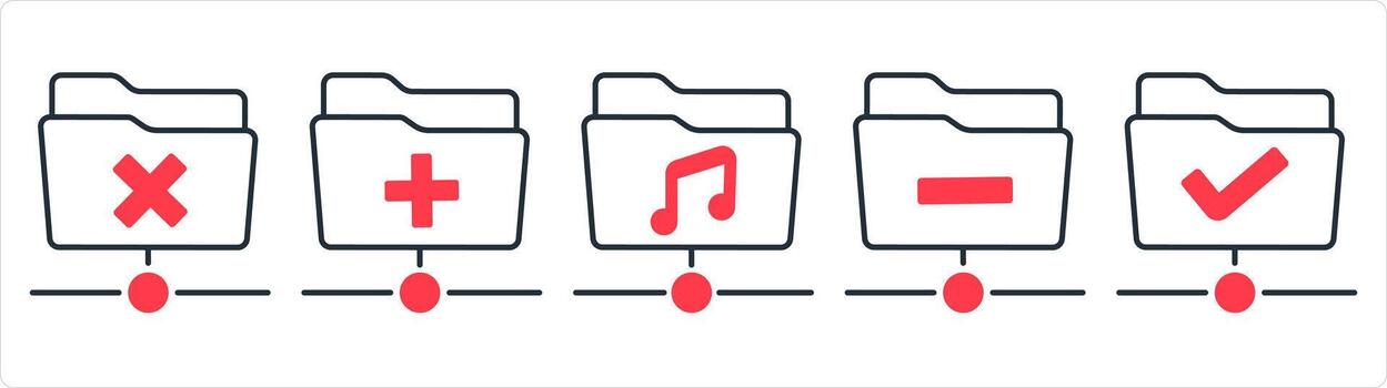 un conjunto de 5 5 documento íconos como incorrecto carpeta, crear carpeta, música carpeta en rojo línea color vector