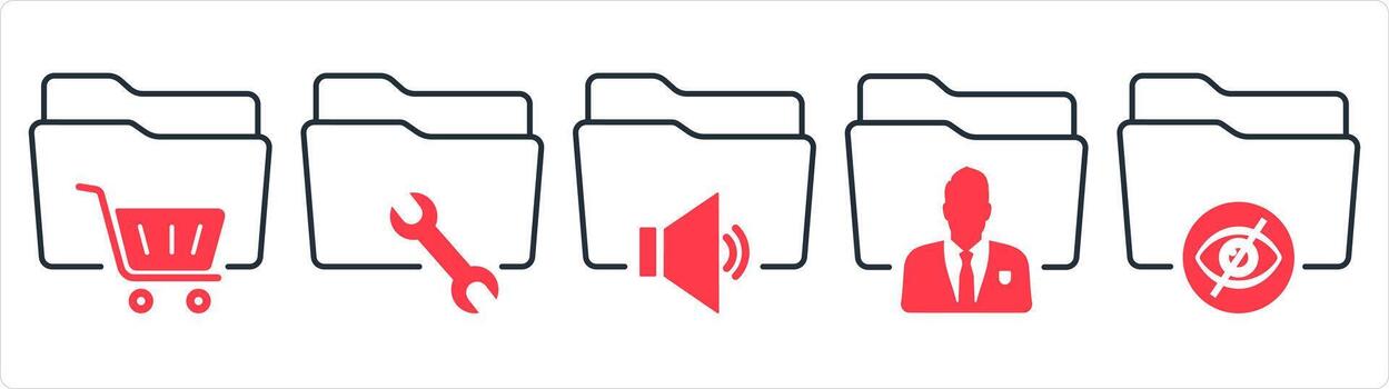 un conjunto de 5 5 documento íconos como compras carpeta, carpeta configuración, audio carpeta en rojo línea color vector