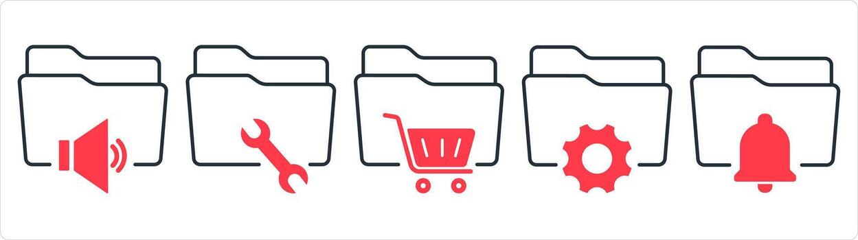 un conjunto de 5 5 documento íconos como audio carpeta, carpeta configuración, compras carpeta en rojo línea color vector