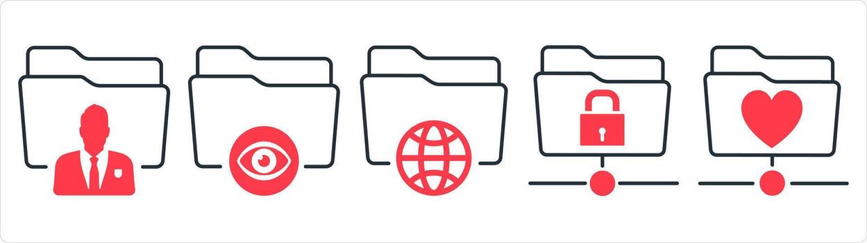 un conjunto de 5 5 documento íconos como privado carpeta, ver carpeta, internacional carpeta en rojo línea color vector