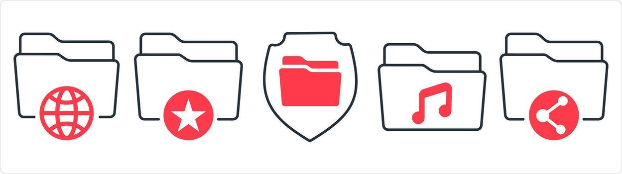 un conjunto de 5 5 documento íconos como internacional carpeta, favorito carpeta, carpeta seguridad en rojo línea color vector