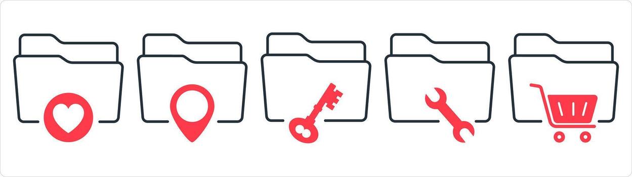 A set of 5 document icons as favorite folder, folder location, folder security in red line color vector