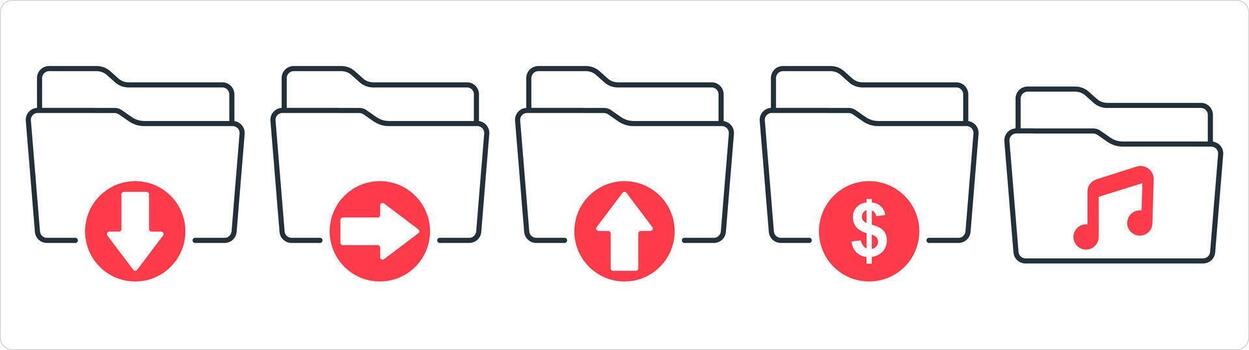 A set of 5 document icons as download folder, send folder, upload folder in red line color vector
