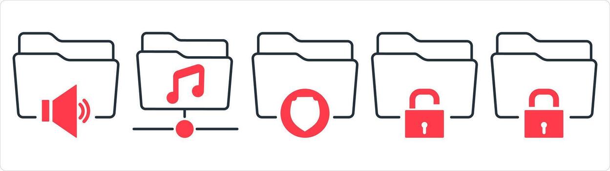 A set of 5 document icons as audio folder, music folder, folder security in red line color vector