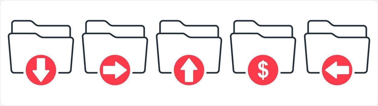 A set of 5 document icons as send folder, upload folder in red line color vector