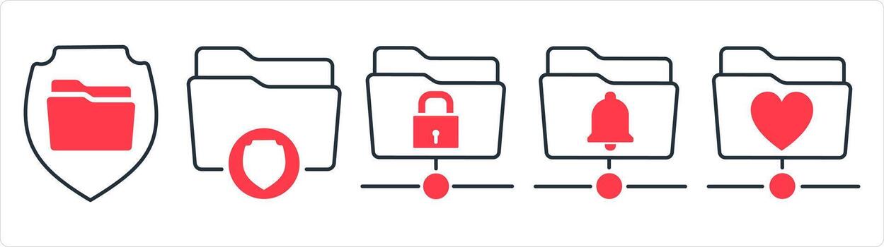 A set of 5 document icons as folder security, folder protection, folder notification in red line color vector
