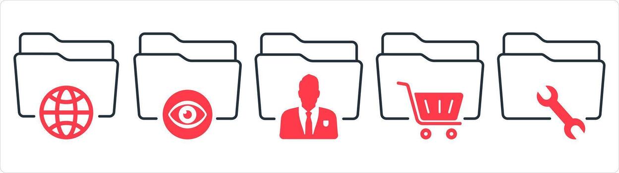 un conjunto de 5 5 documento íconos como internacional carpeta, ver carpeta, privado carpeta en rojo línea color vector