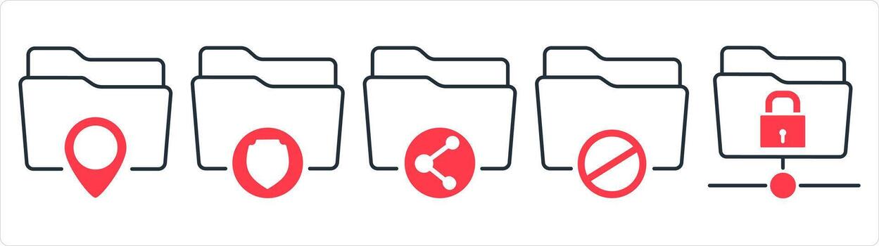 A set of 5 document icons as folder location, folder security, share folder in red line color vector