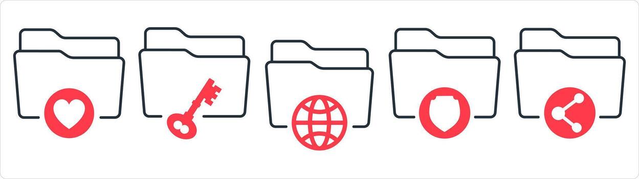A set of 5 document icons as favorite folder, folder security, international folder in red line color vector