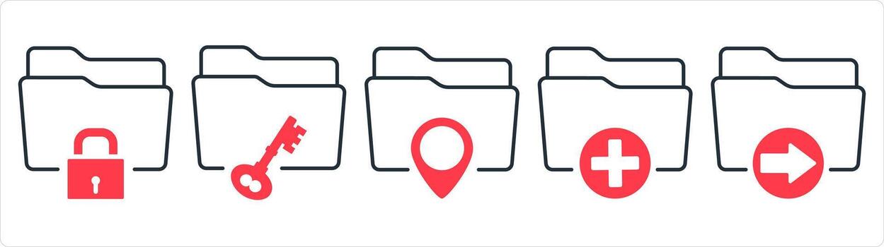 un conjunto de 5 5 documento íconos como carpeta seguridad, carpeta ubicación, crear carpeta en rojo línea color vector