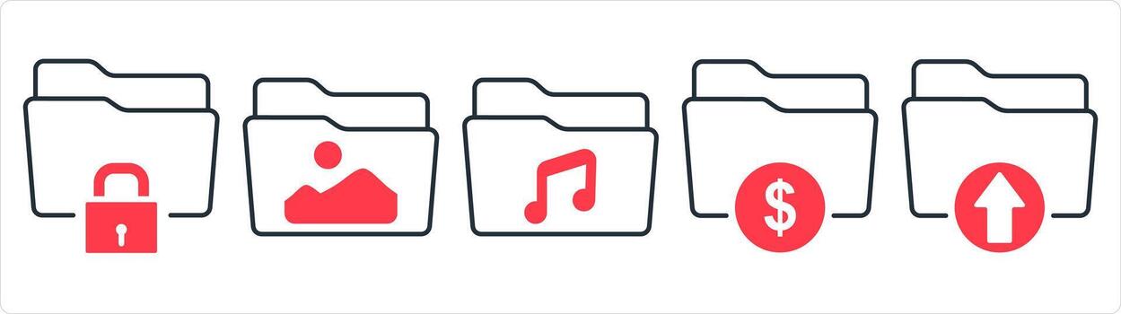 un conjunto de 5 5 documento íconos como carpeta seguridad, imagen carpeta, música carpeta en rojo línea color vector