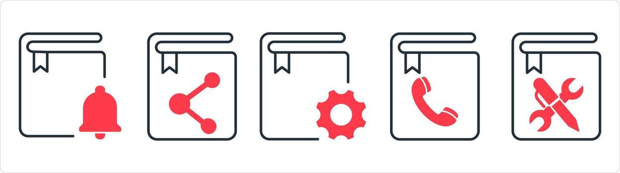 A set of 5 document icons as book notification, share book, book setting in red line color vector