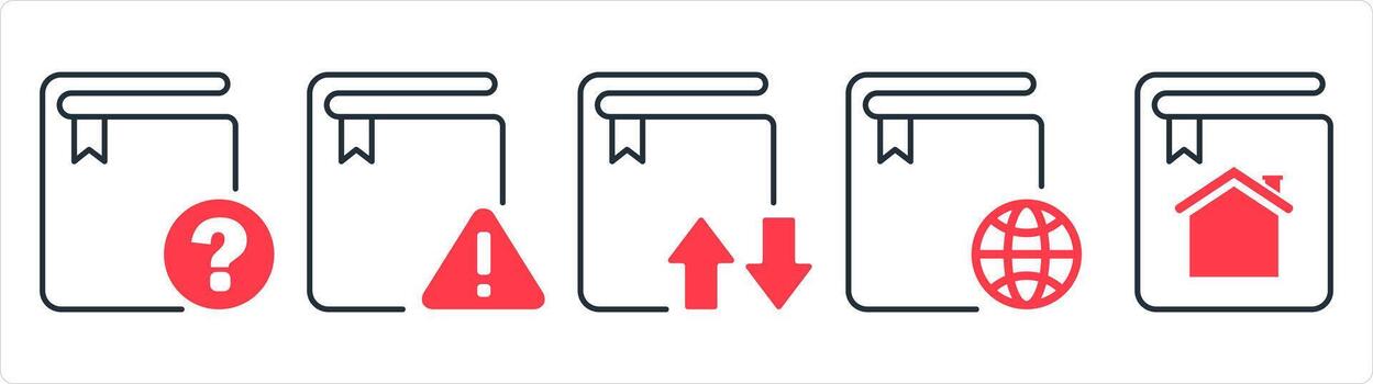 A set of 5 document icons as book protection, book security, prohibited book in red line color vector