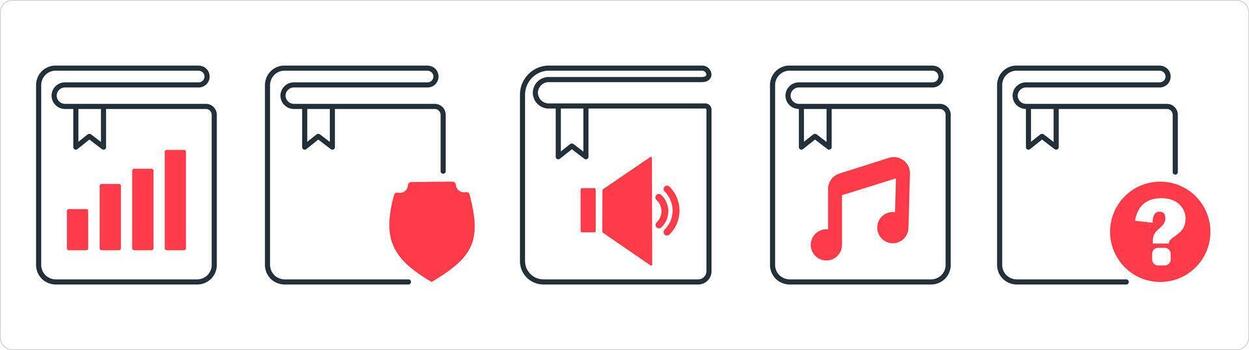 A set of 5 document icons as graph book, book protection, audio book in red line color vector