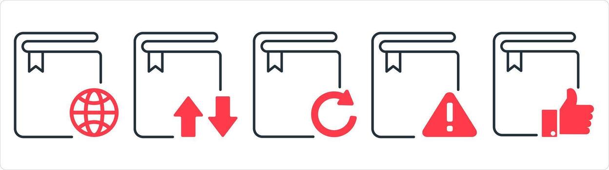 A set of 5 document icons as global book, synchronize book, update book in red line color vector