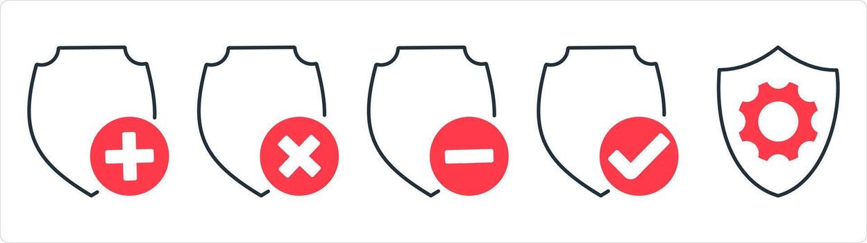 A set of 5 internet icons as create shield, wrong shield, remove shield in red line color vector