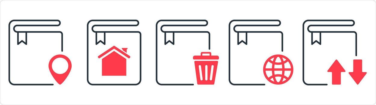 A set of 5 document icons as location book, home book, trash book in red line color vector