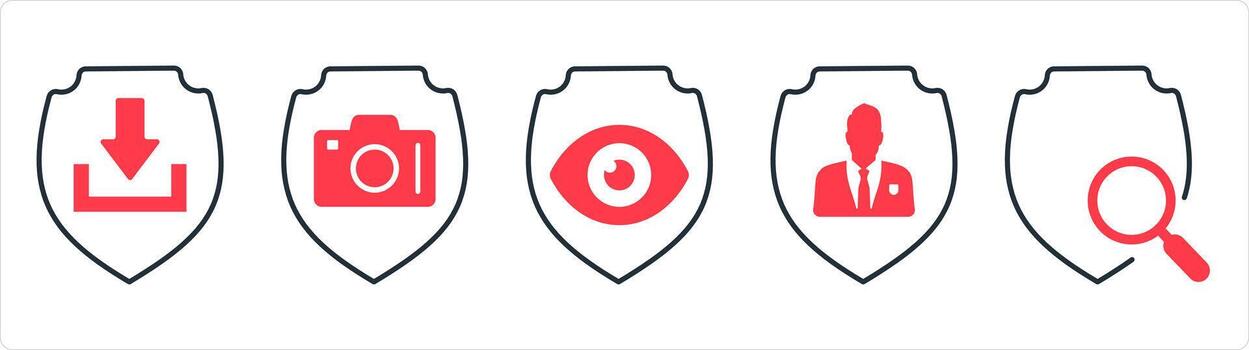 A set of 5 internet icons as download shield, camera security, view shield in red line color vector
