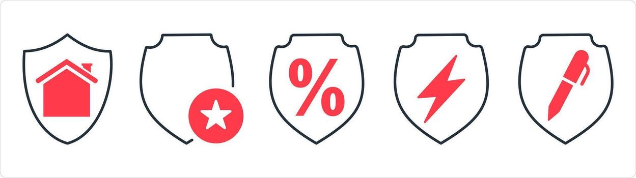 A set of 5 internet icons as home security, favorite shield, discount in red line color vector