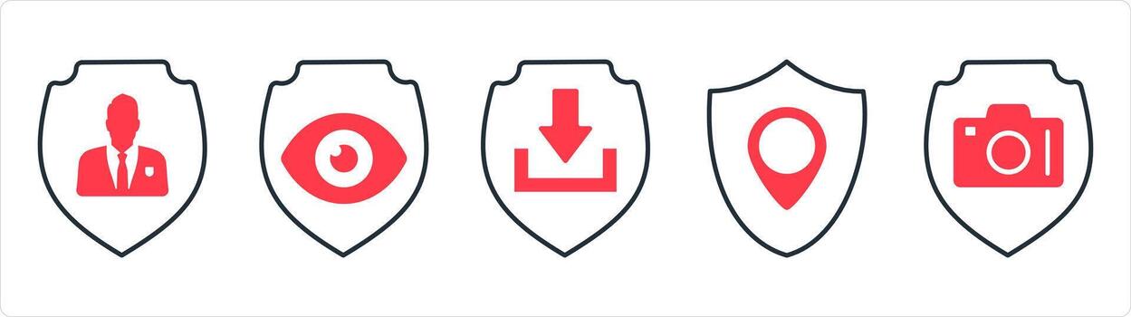 A set of 5 internet icons as private shield, view shield, download shield in red line color vector