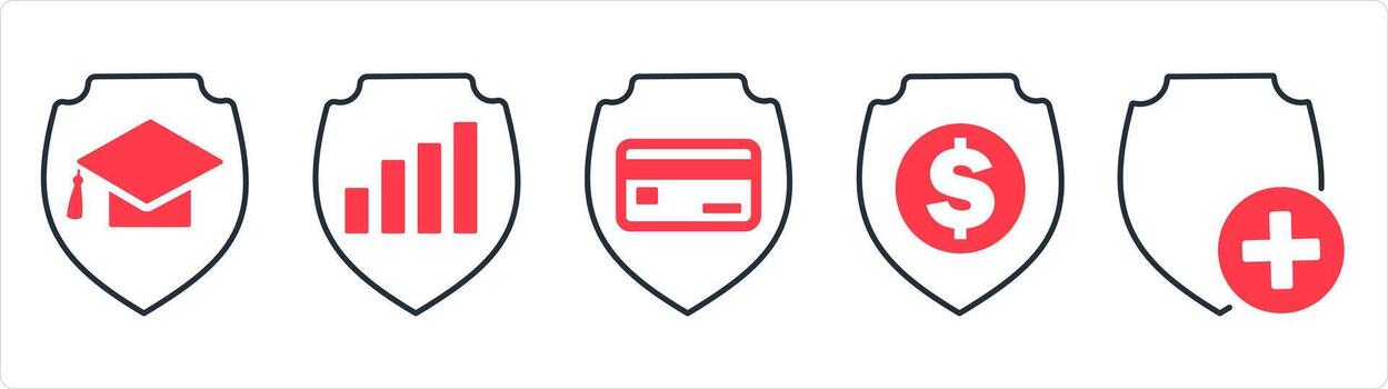 A set of 5 internet icons as education security, graph security, card security in red line color vector
