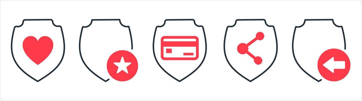 A set of 5 internet icons as favorite shield, card security, share shield in red line color vector