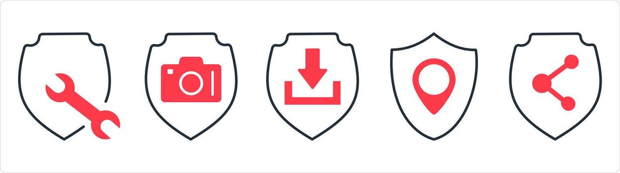 A set of 5 internet icons as shield maintenance, camera security, download shield in red line color vector
